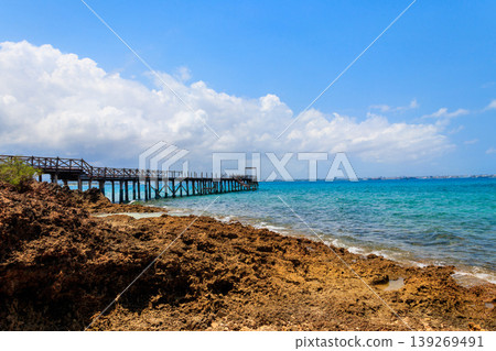 Wooden pier leading to clear blue ocean on Prison island, Zanzibar, Tanzania 139269491