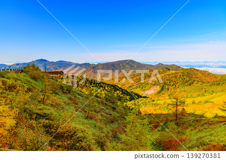 Autumn on the Shiga-Kusatsu Plateau Route: A panoramic view of the Northern Alps floating in a sea of clouds and the mountainsides covered in autumn foliage. Autumn on the Shiga-Kusatsu Plateau Route: A panoramic view of the Northern Alps floating in a sea of clouds and the mountainsides covered in autumn foliage. 139270381