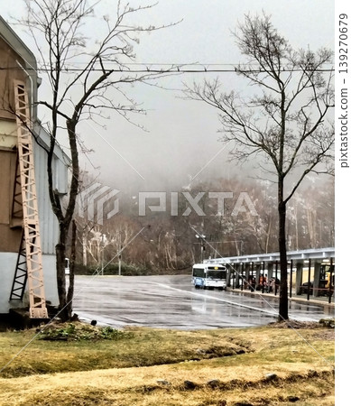 雨後的兩棵樹和一個公車站。 雨後的兩棵樹和一個公車站。 139270679