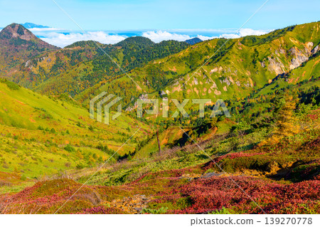 View from the watershed in autumn: Mt. Kasagatake in autumn colors and the Northern Alps mountain range floating in a sea of clouds. View from the watershed in autumn: Mt. Kasagatake in autumn colors and the Northern Alps mountain range floating in a sea of clouds. 139270778