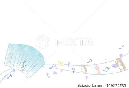 A frame featuring a light blue accordion and animals. 139270785