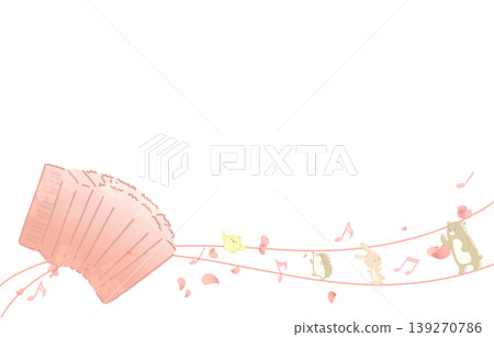 A frame featuring a pink accordion and animals. 139270786