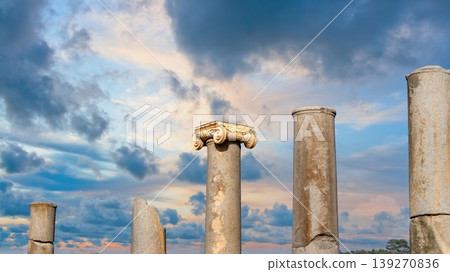 A row of ancient Ionic columns lining the colonnaded street at Patara archaeological site, Antalya, Turkey 139270836