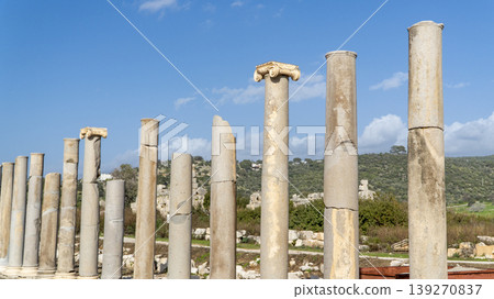 A row of ancient Ionic columns lining the colonnaded street at Patara archaeological site, Antalya, Turkey A row of ancient Ionic columns lining the colonnaded street at Patara archaeological site, Antalya, Turkey 139270837