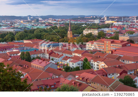 Church spire above Gothenburg rooftops at dusk in Sweden Church spire above Gothenburg rooftops at dusk in Sweden 139270865