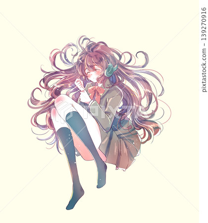A female student lies down with headphones on and her eyes closed, tears streaming down her face. 139270916
