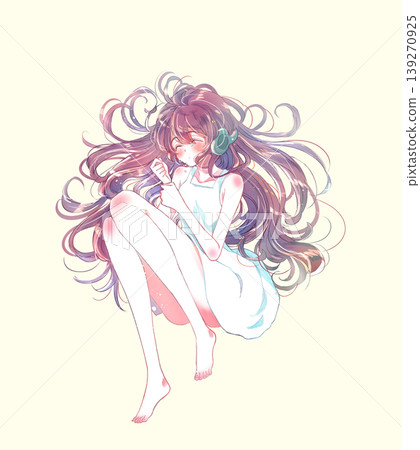 A girl lies down wearing headphones, eyes closed, tears streaming down her face. A girl lies down wearing headphones, eyes closed, tears streaming down her face. 139270925