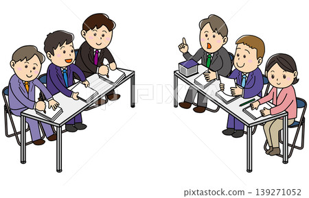 A business meeting illustration depicting collective bargaining and agreement building between a labor union and a company. A business meeting illustration depicting collective bargaining and agreement building between a labor union and a company. 139271052