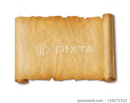 Old crumpled mediaeval Parchment paper scroll isolated on white Old crumpled mediaeval Parchment paper scroll isolated on white 139271523