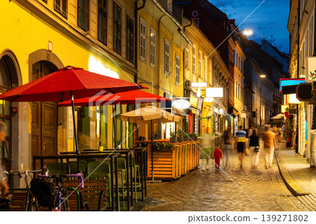 Bend of Tkalciceva street street, evening atmosphere in pedestrian zone of central Zagreb district. Bend of Tkalciceva street street, evening atmosphere in pedestrian zone of central Zagreb district. 139271802