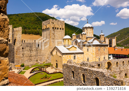 Sunlit inner yard of Manasija Monastery with Church and Despots Tower 139271816