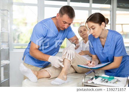 Experienced angiologist with assistant examining legs of elderly woman patient Experienced angiologist with assistant examining legs of elderly woman patient 139271857