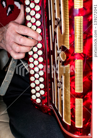 Person playing the accordion, a vintage musical instrument 139272041