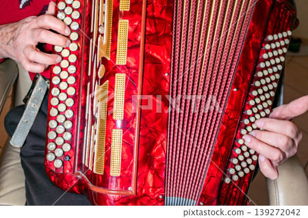 Person playing the accordion, a vintage musical instrument 139272042