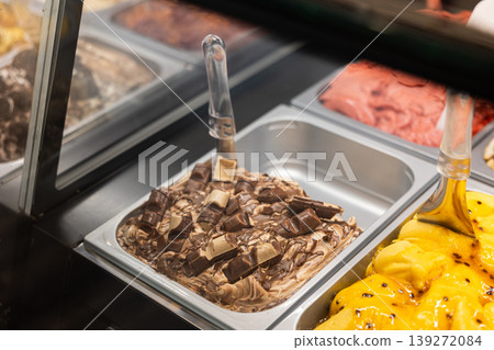 Ice cream tray in cafeteria display case Ice cream tray in cafeteria display case 139272084