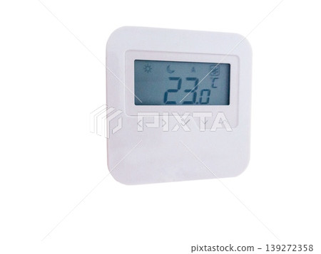 Digital thermostat isolated for smart home temperature control and climate cooling or heating. Wall device for summer comfort, conditioning settings and energy management. Digital thermostat isolated for smart home temperature control and climate cooling or heating. Wall device for summer comfort, conditioning settings and energy management. 139272358
