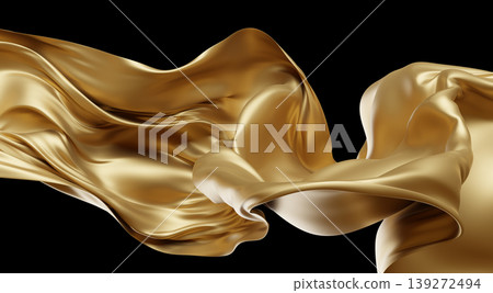 Luxury gold fabric flowing with silk weave texture isolated on black background 3D render Luxury gold fabric flowing with silk weave texture isolated on black background 3D render 139272494