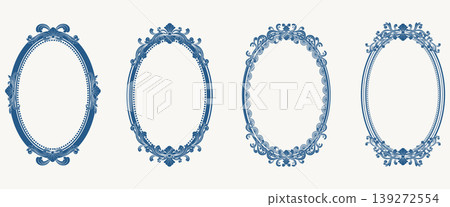 Set of ornate oval vintage frames with intricate baroque borders in dark blue color Set of ornate oval vintage frames with intricate baroque borders in dark blue color 139272554