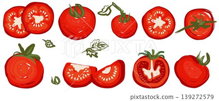en isolated tomato clipart with whole fruit and juicy slices for design en isolated tomato clipart with whole fruit and juicy slices for design 139272579