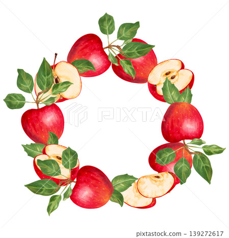 Apple fruits and halves with slices and leaves. Round frame with space for text. Watercolor hand drawn fruit illustration. Wreath for cards, packaging, printing, menu, labels, advertising and design 139272617