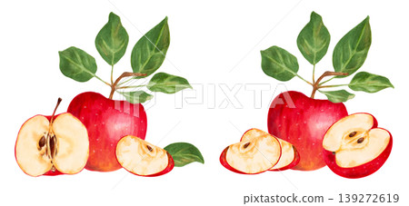 Whole apple with leaves, half and slice of fruit. Botanical watercolor illustration. Fruit composition. Hand drawn isolated art. Natural food product for food packaging, menu and juices Whole apple with leaves, half and slice of fruit. Botanical watercolor illustration. Fruit composition. Hand drawn isolated art. Natural food product for food packaging, menu and juices 139272619