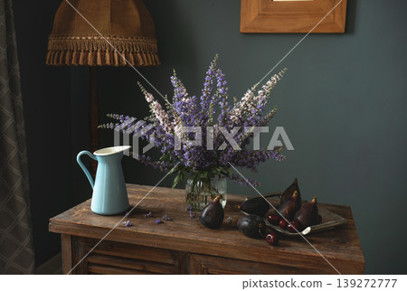 Rural still life with bouquet of cornflowers. Rural still life with bouquet of cornflowers. 139272777