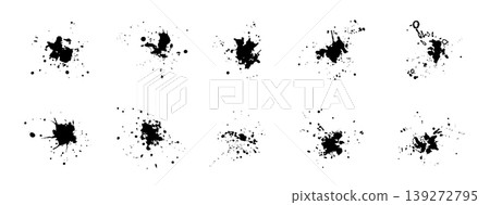 Black organic vector ink water splashes with liquid drops. Isolated abstract inky blots with spray spots stain for graphic design, social media droplet stamps, splatter shadows and templates Black organic vector ink water splashes with liquid drops. Isolated abstract inky blots with spray spots stain for graphic design, social media droplet stamps, splatter shadows and templates 139272795
