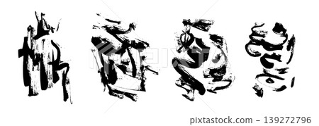 Artistic grunge textured vector black ink paint brush stroke composition set. Abstract isolated swooch fake calligraphy paintbrush symbols for print design, Japanese background, striped mascara 139272796