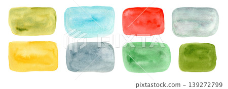 Abstract watercolor hand painting colorful turquoise blue, red, yellow, green square shape textured blobs set. Creative watercolor brush stroke organic stains for banner design, cloud frame background Abstract watercolor hand painting colorful turquoise blue, red, yellow, green square shape textured blobs set. Creative watercolor brush stroke organic stains for banner design, cloud frame background 139272799