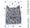 Cute crayon pencils hand drawing blue and gray stylized night cat head with stars. Hand painted oil pastel textured wolf animal face for greeting card design, nursery poster, invitation, sticker 139272812