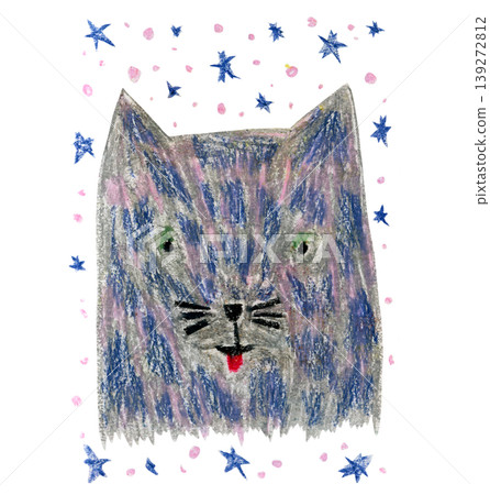 Cute crayon pencils hand drawing blue and gray stylized night cat head with stars. Hand painted oil pastel textured wolf animal face for greeting card design, nursery poster, invitation, sticker Cute crayon pencils hand drawing blue and gray stylized night cat head with stars. Hand painted oil pastel textured wolf animal face for greeting card design, nursery poster, invitation, sticker 139272812