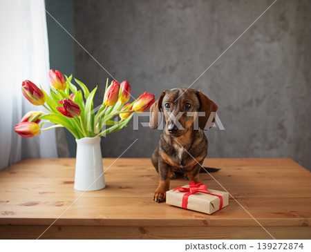 Cute dachshund dog with a gift and flowers Cute dachshund dog with a gift and flowers 139272874