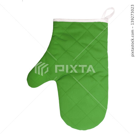 Green heat protective mitten isolated on white background. Green heat protective mitten isolated on white background. 139273023