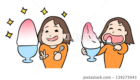 A set of illustrations depicting a woman with sparkling eyes and delight in front of a giant shaved ice dessert, and another of her enjoying it. A set of illustrations depicting a woman with sparkling eyes and delight in front of a giant shaved ice dessert, and another of her enjoying it. 139273043