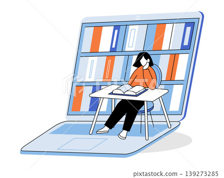 Girl reading at a desk inside a laptop vector illustration. Online education, digital library, remote study, distance learning, academic tech, elearning. Female student sitting near computer Girl reading at a desk inside a laptop vector illustration. Online education, digital library, remote study, distance learning, academic tech, elearning. Female student sitting near computer 139273285