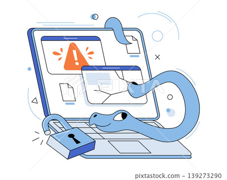 Blue snake attacking a laptop with a padlock vector illustraton. Cybersecurity, malware infection, data breach, phishing, hacking, privacy risk. Serpent on a computer with security lock 139273290
