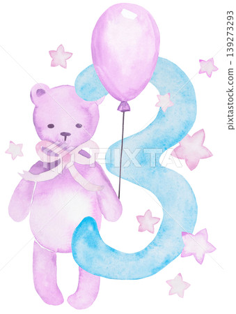 Watercolor light blue number three with teddy bear holding balloon and stars for baby cards Watercolor light blue number three with teddy bear holding balloon and stars for baby cards 139273293