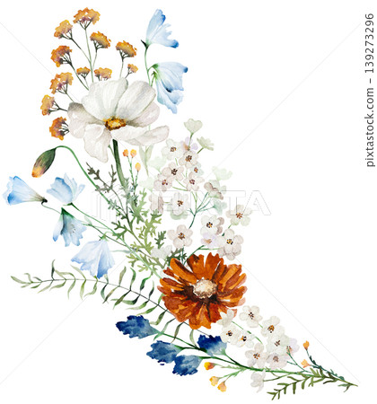 Watercolor bouquet with blue, ivory and orange wildflowers, rustic isolated illustration for stationery Watercolor bouquet with blue, ivory and orange wildflowers, rustic isolated illustration for stationery 139273296