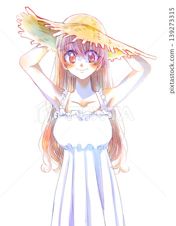 A long-haired girl wearing a straw hat, holding something down, with brown hair and a smile. A long-haired girl wearing a straw hat, holding something down, with brown hair and a smile. 139273315