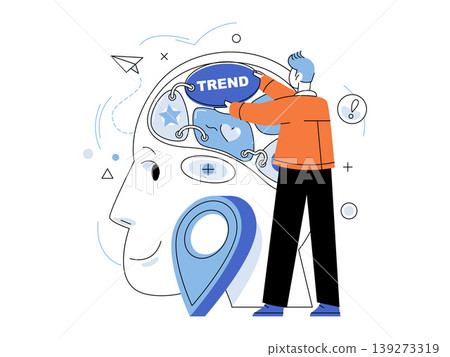 Man placing a trend bubble into a human head vector illustration. Consumer behavior, market research, social media, marketing, psychology, data analysis. Professional inserting a label into a mind Man placing a trend bubble into a human head vector illustration. Consumer behavior, market research, social media, marketing, psychology, data analysis. Professional inserting a label into a mind 139273319