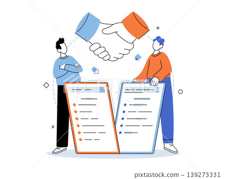 Two men with large digital documents and a handshake vector illustration. Business agreement, digital contract, partnership, online signature, legal, collaboration. Partners near electronic paperwork Two men with large digital documents and a handshake vector illustration. Business agreement, digital contract, partnership, online signature, legal, collaboration. Partners near electronic paperwork 139273331