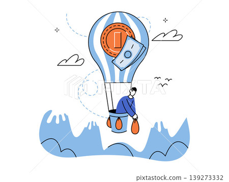 Man flies a lightbulb balloon with money over mountains vector illustration. Financial growth, startup launch, creative strategy, wealth, profit, success. Entrepreneur piloting air transport Man flies a lightbulb balloon with money over mountains vector illustration. Financial growth, startup launch, creative strategy, wealth, profit, success. Entrepreneur piloting air transport 139273332