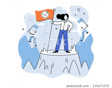 Woman standing on a mountain peak holding a success flag vector illustration. Success, career growth, leadership, achievement, winning, competition. Female leader clutching banner atop summit Woman standing on a mountain peak holding a success flag vector illustration. Success, career growth, leadership, achievement, winning, competition. Female leader clutching banner atop summit 139273335