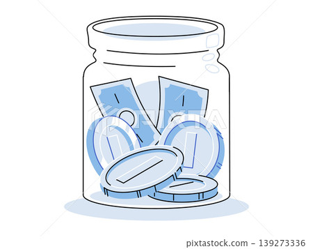Glass jar filled with banknotes and coins vector illustration. Savings, finance, investment, budget planning, retirement fund, capital growth. Transparent container with cash and change Glass jar filled with banknotes and coins vector illustration. Savings, finance, investment, budget planning, retirement fund, capital growth. Transparent container with cash and change 139273336