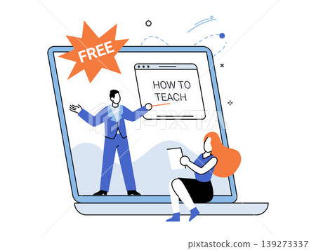 Teacher on laptop screen instructs a student vector illustration. E-learning, distance education, digital classroom, skill development, webinar, remote study. Tutor on monitor guides learner Teacher on laptop screen instructs a student vector illustration. E-learning, distance education, digital classroom, skill development, webinar, remote study. Tutor on monitor guides learner 139273337