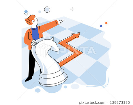 Businessman with large chess knight pointing at rising arrow vector illustration. Strategy planning, growth, leadership, success, tactics, competition. Professional man guiding a game piece Businessman with large chess knight pointing at rising arrow vector illustration. Strategy planning, growth, leadership, success, tactics, competition. Professional man guiding a game piece 139273350
