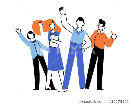Four office employees standing together in a group vector illustration. Teamwork, startup, business, staff, success, career. Diverse workers posing as a corporate collective unit Four office employees standing together in a group vector illustration. Teamwork, startup, business, staff, success, career. Diverse workers posing as a corporate collective unit 139273361
