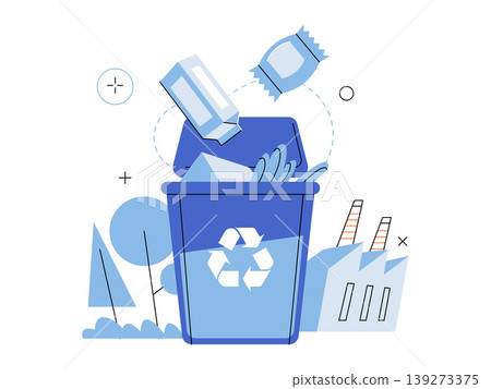 Blue recycling bin with trash falling inside vector illustration. Waste management, sustainability, green energy, pollution, ecology, sorting. Garbage container with refuse and factory Blue recycling bin with trash falling inside vector illustration. Waste management, sustainability, green energy, pollution, ecology, sorting. Garbage container with refuse and factory 139273375