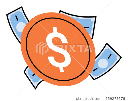 Gold dollar coin and blue banknotes vector illustration. Financial growth, banking services, wealth management, savings account, payment methods, economy. Currency symbol and paper money 139273376