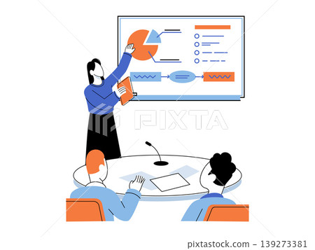 Woman presenting data on a whiteboard to colleagues vector illustration. Strategy planning, team meeting, financial report, analysis, seminar, workspace. Speaker showing charts to staff Woman presenting data on a whiteboard to colleagues vector illustration. Strategy planning, team meeting, financial report, analysis, seminar, workspace. Speaker showing charts to staff 139273381